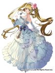  1girl blonde_hair blue_eyes breasts copyright_request detached_sleeves dress flower hair_flower hair_ornament high_heels large_breasts long_hair looking_at_viewer see-through_silhouette simple_background solo twintails white_background white_dress 
