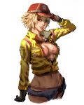  1girl adjusting_clothes adjusting_hat athenawyrm blonde_hair bra breasts cidney_aurum cleavage final_fantasy final_fantasy_xv goggles goggles_around_neck hat looking_at_viewer midriff navel panties short_shorts shorts sketch smile solo underwear 