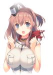  1girl blue_eyes blush breast_pocket breast_press breasts brown_hair dress forearms_at_chest hair_between_eyes kantai_collection large_breasts looking_at_viewer mutsuno_hekisa open_mouth ponytail saratoga_(kantai_collection) short_sleeves side_ponytail white_dress 