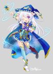  1girl ;d animal_ears bell blue_cape blue_dress blue_legwear cape dress full_body hat long_hair official_art one_eye_closed open_mouth shoes silver_hair smile solo standing standing_on_one_leg tokinon violet_eyes wand white_shoes wizard_hat x-overd 
