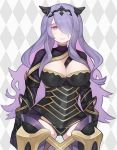  1girl black_panties boots breasts camilla_(fire_emblem_if) capelet checkered checkered_background cleavage fire_emblem fire_emblem_if grey_background hair_over_one_eye large_breasts lips long_hair panties purple_hair sidelocks thigh-highs thigh_boots thighs tiara ueufo underwear vambraces violet_eyes wavy_hair white_background 