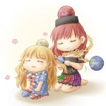  2girls american_flag_legwear american_flag_shirt barefoot blonde_hair blush chains chibi chikopudding choker closed_eyes clothes_writing clownpiece earth_(ornament) flower frilled_skirt frills hair_brush hair_brushing hands_on_own_thighs hecatia_lapislazuli long_hair moon_(ornament) multicolored_skirt multiple_girls no_hat no_headwear off_shoulder parted_lips polos_crown redhead seiza shirt simple_background sitting skirt smile t-shirt touhou white_background 