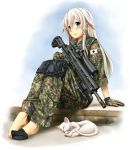  1girl absurdres barefoot battle_rifle blue_eyes blush cat commentary gloves gun heckler_&amp;_koch highres hk417 japan_ground_self-defense_force jpc knee_pads long_hair looking_at_viewer military military_uniform original rifle scope signature sleeves_rolled_up smile socks soldier solo uniform weapon white_hair 