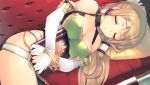  1girl amazuyu_tatsuki aquaplus book bracelet breasts cleavage closed_eyes dungeon_travelers_2 elbow_gloves frena_rosenmeier from_above game_cg gloves jewelry large_breasts light_brown_hair long_hair lying object_hug official_art on_side parted_lips pillow sleeping solo white_gloves 
