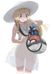  1girl absurdres bag bangs blonde_hair blunt_bangs blush braid cosmog cowboy_shot dress epi_zero flying_sweatdrops green_eyes handbag hat highres lillie_(pokemon) long_hair open_mouth poke_ball_theme pokemon pokemon_(creature) pokemon_(game) pokemon_sm see-through_silhouette sleeveless sleeveless_dress sun_hat twin_braids white_dress white_hat 