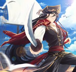  1boy alternate_costume black_hair cutlass_(sword) hat izumi-no-kami_kanesada pirate pirate_hat pirate_ship rainsp solo touken_ranbu 