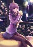  1girl black_legwear blurry bokeh brown_eyes brown_hair chaang cup depth_of_field fireworks highres holding holding_cup looking_at_viewer mug night original pantyhose scarf sitting skirt sleeves_past_wrists solo sweater 