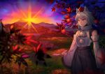  1girl animal_ears autumn_leaves bare_shoulders detached_sleeves hat highres inubashiri_momiji kanou_(natsuno0223) leaf looking_away maple_leaf pom_pom_(clothes) red_eyes shield short_hair silver_hair solo tail tokin_hat touhou wide_sleeves wolf_ears wolf_tail 
