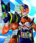  1boy armor artist_request bang_bang_shooting_level_2 belt gun highres jet_combat_level_2 kamen_rider kamen_rider_ex-aid_(series) kamen_rider_snipe rider_gashat shooter_gamer_level_3 solo weapon wings 