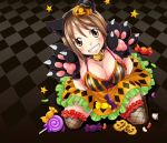  1girl animal_ears brown_eyes brown_hair candy cat_bell cat_ears cat_paws choker cleavage elie from_above hair_ornament halloween kneeling large_breasts pumpkin rave smile thigh-highs 