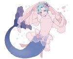  1boy adjusting_clothes blue_eyes blue_hair closed_mouth earrings fish_tail full_body jewelry lips looking_at_viewer male_focus merman milkuriem monster_boy navel nipples pearl personification pokemon primarina shirtless smile solo veil 