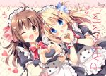  2girls :o ;d ahoge apron artist_name bangs blonde_hair blue_bow blue_eyes blush bow bowtie brooch brown_eyes brown_hair commentary_request dress frilled_apron frilled_cuffs frills hair_bow hair_ornament heart heart_hair_ornament heart_hands jewelry long_hair looking_at_viewer maid maid_headdress multiple_girls one_eye_closed open_mouth original pan_(mimi) pink_bow puffy_short_sleeves puffy_sleeves short_sleeves smile waist_apron wrist_cuffs 