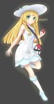  1girl artist_request bag blonde_hair blunt_bangs braid braids dress female green_eyes hair handbag hat lillie_(pokemon) long_hair pokemon pokemon_(game) pokemon_sm sleeveless solo source_request 