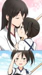  2girls akagi_(kantai_collection) blush bow_(weapon) brown_eyes brown_hair clouds comic crying crying_with_eyes_open dirty_clothes dirty_face forehead_kiss hand_on_own_forehead highres japanese_clothes kaga_(kantai_collection) kantai_collection kiss long_hair mentai_mochi monochrome multiple_girls side_ponytail sky smile straight_hair tasuki tears weapon 