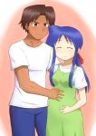  1boy 1girl aizawa_chizuru arashiyama_gorou bangs blue_hair blush closed_eyes dress hand_on_another&#039;s_stomach long_hair nanchang pregnant shinryaku!_ikamusume shirt short_sleeves t-shirt 