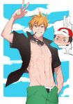  2boys abs adonis_belt baseball_cap blush brown_hair clouds grin groin hand_in_pocket hat male_focus mouth_hold multiple_boys navel nipples ookido_green ookido_green_(sm) open_clothes open_shirt pokemon pokemon_(game) pokemon_sm popped_collar red_(pokemon) red_(pokemon)_(sm) shirt smile solo_focus spiky_hair sunglasses underwear unzipped v zhineart 