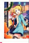  1girl absurdres ayase_eli bag blonde_hair blue_eyes christmas_lights christmas_ornaments coat detached_sleeves dress highres holding love_live! love_live!_school_idol_festival love_live!_school_idol_project open_mouth outdoors ponytail ribbon scan scarf short_dress striped stuffed_animal stuffed_toy teddy_bear vertical-striped_dress vertical_stripes winter_clothes winter_coat 