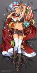  1girl adapted_costume alternate_costume armpits arms_up beads belt blonde_hair blue_eyes boots box breasts cape christmas cleavage cross-laced_footwear from_above full_body fur_trim garter_straps gem gift gift_box highres large_breasts long_hair looking_at_viewer lydia_agute lying midriff miniskirt murakami_yuichi navel on_back open_mouth santa_costume senjou_no_valkyria senjou_no_valkyria_3 skirt solo thigh-highs watermark white_legwear zettai_ryouiki 