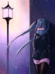  1girl bangs black_legwear black_sweater blue_eyes blue_hair blurry breasts cloel cold covered_mouth cowboy_shot crack depth_of_field floating_hair hair_between_eyes hair_ornament hands_in_pockets hatsune_miku highres lamppost long_hair long_sleeves looking_at_viewer looking_away looking_to_the_side medium_breasts motion_blur night outdoors scarf scarf_over_mouth shiny shiny_clothes snowing solo striped striped_scarf sweater thigh-highs twintails very_long_hair vocaloid waiting wall wind winter 