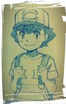  1boy backpack bag baseball_cap hat highres male_focus monochrome nishiya_yasushi pokemon pokemon_(anime) pokemon_(game) pokemon_sm pokemon_sm_(anime) satoshi_(pokemon) shirt sketch smile solo striped striped_shirt traditional_media upper_body 