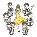  1girl 6+boys black_hair brothers brown_hair dress hairband highres index_finger_raised koi_dance low_twintails matching_outfit matsuno_choromatsu matsuno_ichimatsu matsuno_juushimatsu matsuno_karamatsu matsuno_osomatsu matsuno_todomatsu multiple_boys osomatsu-kun osomatsu-san pinstripe_pattern pointing pointing_at_viewer pose sextuplets short_hair short_twintails siblings simple_background smile suspenders twintails white_background yellow_dress yowai_totoko 