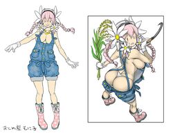  1girl alternate_hairstyle ass back boots braid breasts cleavage flower gloves hair_flower hair_ornament headphones large_breasts long_hair looking_at_viewer looking_back naked_overalls nitroplus no_bra open_mouth overalls panties pink_hair plant scythe sideboob smile solo super_sonico tsuji_santa twin_braids underwear white_gloves white_panties 