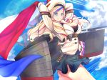  1girl arms_behind_head belt beret blazer blonde_hair blue_eyes blue_hair breasts cleavage commandant_teste_(kantai_collection) cowboy_shot floating_hair french_flag hair_over_shoulder hat highres jacket kantai_collection large_breasts long_hair machinery miniskirt multicolored_hair pom_pom_(clothes) redhead skindentation skirt smile solo streaked_hair thighs untsue white_hair wind wind_lift 
