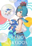  1girl bare_arms blue_eyes blue_hair blue_pants bubble hairband highres kippu pants pokemon pokemon_(creature) pokemon_(game) pokemon_sm popplio pyukumuku short_hair sleeveless suiren_(pokemon) wishiwashi 