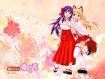  2girls :d :o animal_ears blonde_hair floral_background fox_ears fox_tail hakama hakama_skirt haori hug hug_from_behind japanese_clothes miko multiple_girls naka_noboru open_mouth original purple_hair smile tail thigh-highs zettai_ryouiki 