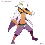  1boy baseball_cap beard dark_skin dark_skinned_male facial_hair hand_in_pocket hat hscatter kukui_(pokemon) labcoat looking_back male_focus one_eye_covered pants parody persona persona_q:_shadow_of_the_labyrinth pokemon pokemon_(game) pokemon_sm simple_background smile solo style_parody sunglasses sweatpants white_background wide_stance 