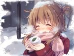  1girl blush brown_hair closed_eyes commentary_request dated folded_ponytail inazuma_(kantai_collection) kantai_collection mitsuki_ponzu scarf signature smile snow snow_bunny snow_on_head solo 