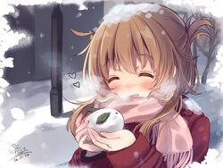  1girl blush brown_hair closed_eyes commentary_request dated folded_ponytail inazuma_(kantai_collection) kantai_collection mitsuki_ponzu scarf signature smile snow snow_bunny snow_on_head solo 