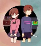  1boy 1girl arms_at_sides braid brown_hair checkered chibi closed_eyes closed_mouth cropped_legs crossover frisk_(undertale) hair_tie holding holding_knife holding_weapon knife light_frown long_hair long_sleeves madotsuki miniskirt pale_skin penguin_haro pink_sweater pleated_skirt purple_shorts purple_skirt purple_sweater short_hair shorts skirt sweater trait_connection translation_request twin_braids twintails two-tone_background undertale weapon yume_nikki 