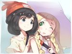  2girls beanie black_eyes black_hair blonde_hair braid female_protagonist_(pokemon_sm) green_eyes hat lasa_(lasa1116) lillie_(pokemon) long_hair multiple_girls one_eye_closed open_mouth pokemon pokemon_(game) pokemon_sm red_hat selene_(pokemon) short_hair sleeveless smile sun_hat twin_braids white_hat 