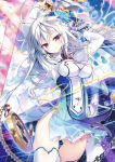  1girl absurdres arms_up bare_hips blue_flower breasts chains clock covered_navel flower hair_flower hair_ornament highres holding holding_sword holding_weapon izure_shinwa_no_houkago_sensou large_breasts long_hair looking_at_viewer petals silver_hair solo sword thigh-highs violet_eyes weapon white_legwear youta 