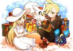  ((^-^)/ 1boy 1girl asymmetrical_hair bangs blonde_hair blunt_bangs blush box braid brother_and_sister christmas cosmog delibird dress gift gift_box gladio_(pokemon) green_eyes hair_over_one_eye hat hood hoodie lillie_(pokemon) long_hair open_mouth pokemon pokemon_(creature) pokemon_(game) pokemon_sm red_shoes shoes short_hair siblings sitting sleeveless sleeveless_dress smile sun_hat twin_braids white_dress white_hat 