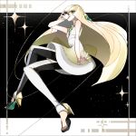  1girl bare_arms bare_shoulders blonde_hair dress green_eyes high_heels highres long_hair lusamine_(pokemon) poke_ball pokemon pokemon_(game) pokemon_sm short_dress sleeveless sleeveless_dress sofy solo ultra_ball very_long_hair 