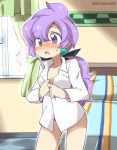1girl bed blush collarbone commentary_request dressing earrings eromame jewelry lila_(pokemon) long_hair no_pants open_mouth panties pokemon pokemon_(game) pokemon_sm ponytail purple_hair shirt solo tied_hair twitter_username underwear violet_eyes white_shirt window