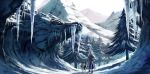  1girl hair_over_one_eye ichina_(osabakitina) icicle landscape long_hair looking_at_viewer mountain snow standing tree 