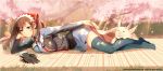  1girl alicia_melchiott arm_support basket blanket blue_legwear bread breasts brown_eyes brown_hair cherry_blossoms food gloves_removed hair_ribbon hans head_rest large_breasts long_hair lying military military_uniform murakami_yuichi on_stomach petals picnic picnic_basket ribbon senjou_no_valkyria smile sunlight thigh-highs twintails uniform watermark winged_pig zettai_ryouiki 