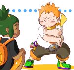  2boys backpack bag bangs_pinned_back black_shirt dark_skin dark_skinned_male fat green_hair hau_(pokemon) highres hitorikkodomei keychain maamane_(pokemon) male_focus multiple_boys open_mouth orange_hair pokemon pokemon_(game) pokemon_sm shirt shoes shorts simple_background sitting smile sneakers squatting t-shirt white_background z-move 