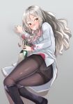  1girl :d ass black_boots black_legwear blush boots bottle breasts brown_eyes comah cork drunk grey_background grey_hair hair_between_eyes holding kantai_collection knees_together_feet_apart long_hair long_sleeves looking_at_viewer lying medium_breasts no_hat no_headwear no_pants on_side open_mouth panties panties_under_pantyhose pantyhose pink_scarf pola_(kantai_collection) ringlets scarf shiny shiny_clothes smile solo spill stained_clothes thighband_pantyhose underwear wavy_hair wavy_mouth white_coat wine_bottle yellow_eyes 