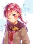  1girl bangs braid coat commentary_request hami_yura highres looking_at_viewer necktie one_eye_closed original red_eyes red_necktie redhead scarf short_hair simple_background snowflakes solo twin_braids upper_body 