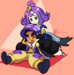  2girls :3 acerola_(pokemon) armlet artist_name awd! belt black_hair blue_eyes blush_stickers bonnet curly_hair dark_skin dress flip-flops gloves haapuu_(pokemon) half_updo long_hair multiple_girls open_mouth pokemon pokemon_(game) pokemon_sm purple_hair sandals simple_background stitches twintails violet_eyes 