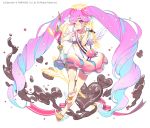  1girl ;q absurdly_long_hair blue_hair bow halo holding_arrow holding_bow_(weapon) long_hair multicolored_hair one_eye_closed pink_hair toes tongue tongue_out twintails two-tone_hair very_long_hair 