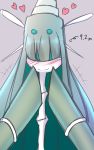  aqua_hair bamboo bangs blunt_bangs blush celesteela closed_mouth directional_arrow doyachii grey_background heart highres hikimayu long_hair no_humans pokemon pokemon_(game) pokemon_sm simple_background smile solo ultra_beast upper_body very_long_hair 