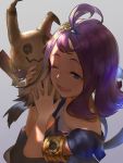  1girl ;d acerola_(pokemon) armlet blue_eyes dress elite_four eyelashes fingernails grey_background hair_ornament highres mimikyu_(pokemon) nuda one_eye_closed open_mouth pokemon pokemon_(creature) pokemon_(game) pokemon_sm purple_hair sandals shade short_hair smile wavy_mouth 