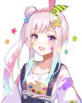  1girl airani_iofifteen collarbone fuzichoco hair_ornament hair_ribbon hairband hairclip highres hololive hololive_indonesia multicolored_hair open_mouth overalls paint_splatter pink_hair ribbon side_bun side_ponytail solo two-tone_hair upper_body violet_eyes virtual_youtuber 