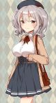  1girl argyle argyle_background bag blush breasts character_name heart ichihaya kantai_collection kashima_(kantai_collection) large_breasts long_sleeves looking_at_viewer shoulder_bag silver_hair smile twintails virgin_killer_outfit 
