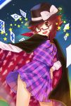  1girl bogyaku_no_m brown_eyes brown_hair cape commentary_request contrapposto glasses hand_on_hip hat hat_ribbon long_sleeves low_twintails miniskirt open_mouth plaid plaid_skirt pleated_skirt red-framed_eyewear ribbon school_uniform semi-rimless_glasses skirt skirt_flip skirt_set touhou twintails under-rim_glasses usami_sumireko 